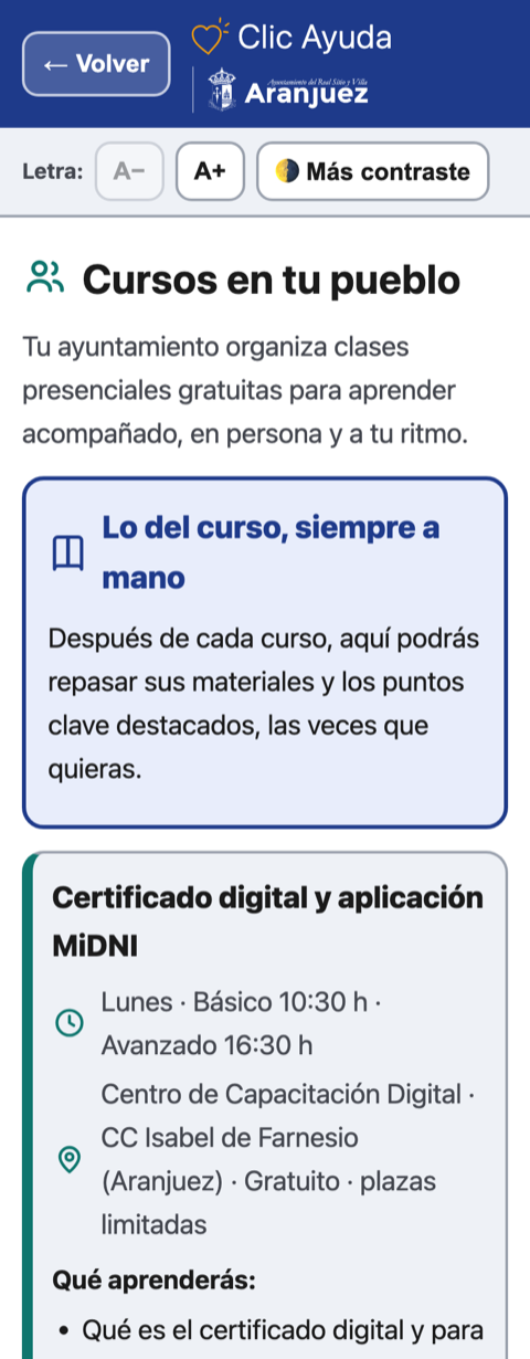 Ejemplo: cursos de un programa público integrados en la app