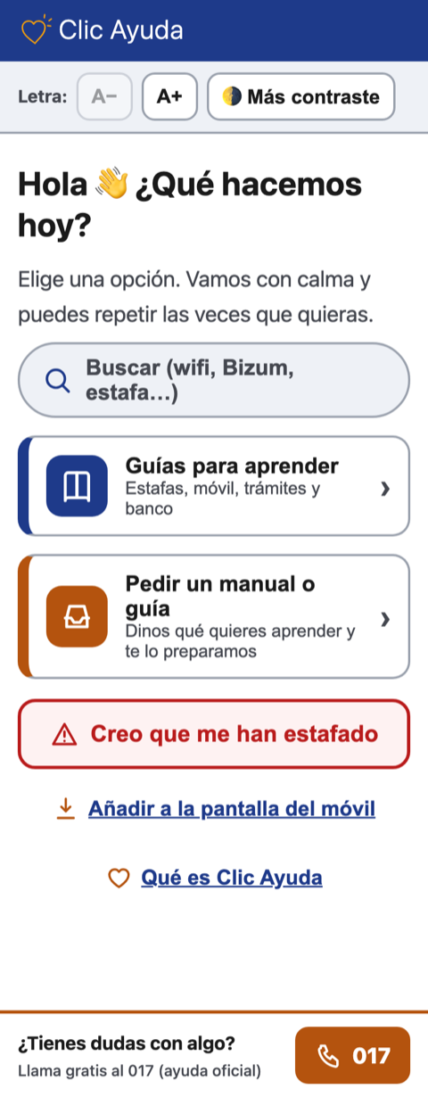 Pantalla de inicio de Clic Ayuda